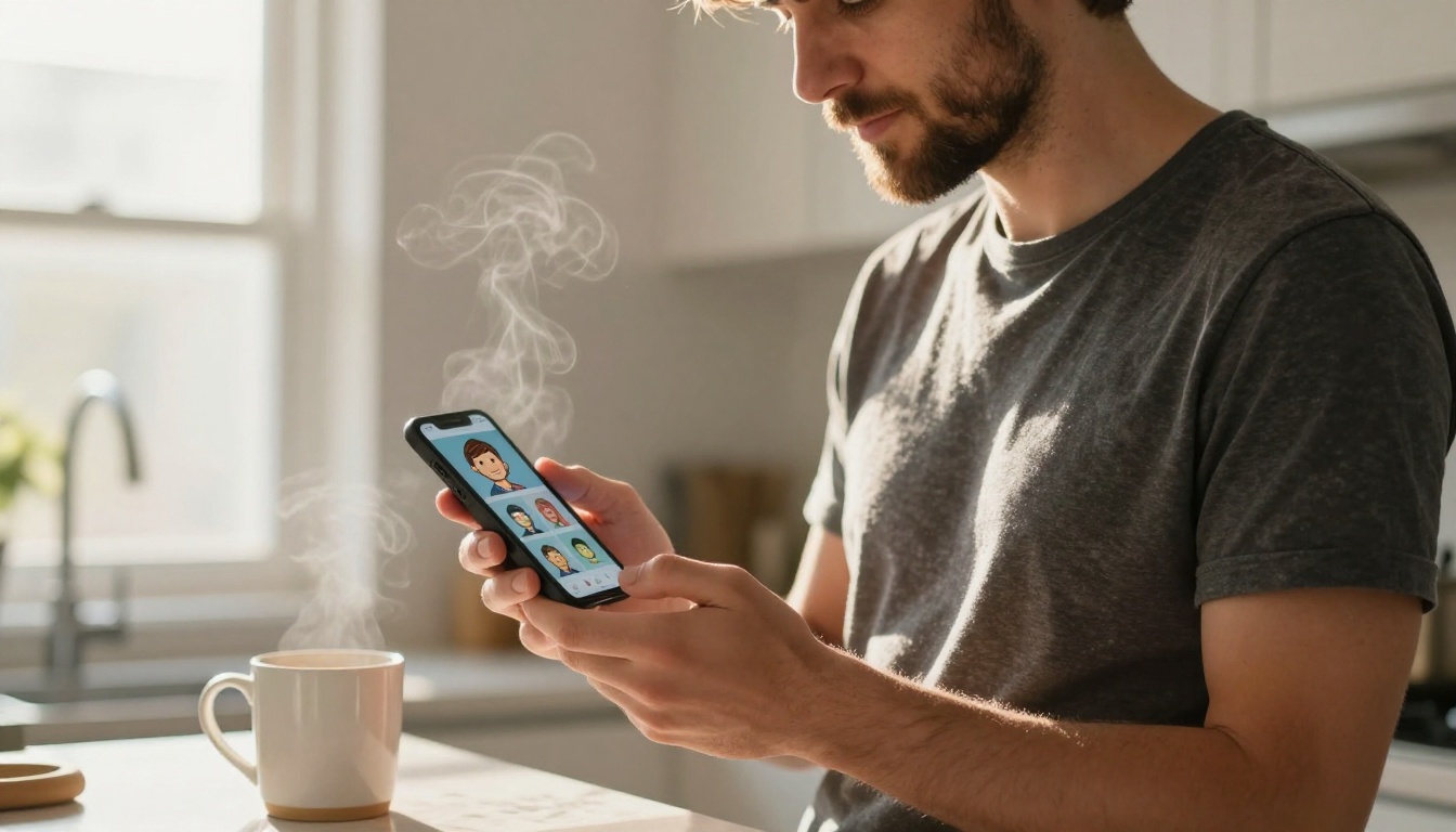 Man browsing AI cartoon avatar options on his phone while making coffee