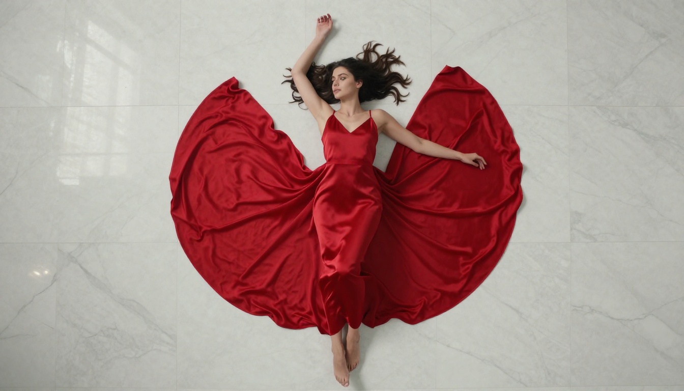 Aerial flat-lay fashion editorial shot from overhead, woman in vibrant red silk dress on white marble