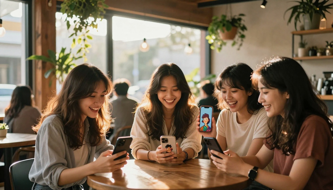 Group of three women comparing their AI cartoon avatars at a coffee shop