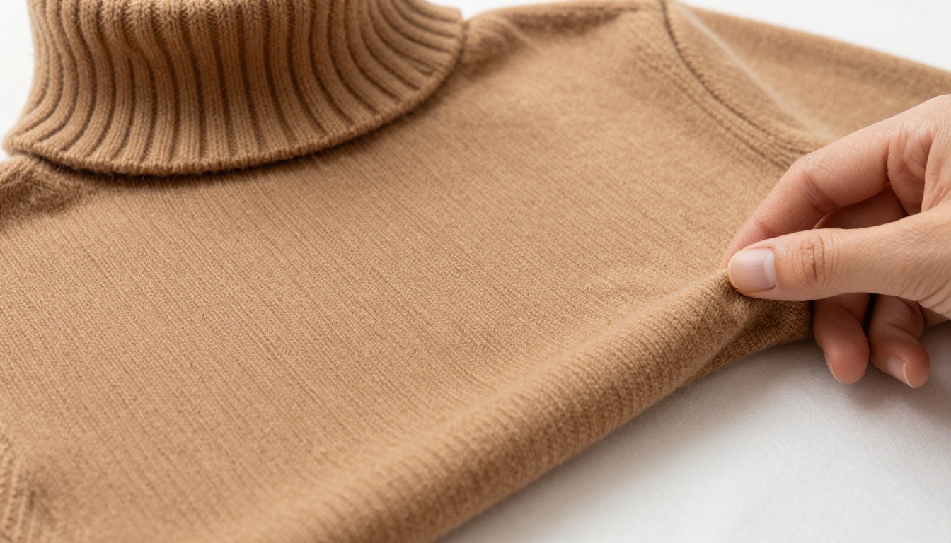 Macro close-up of caramel cashmere sweater fabric texture, woman's hand touching the weave Macro close-up of caramel cashmere sweater fabric texture, woman's hand touching the weave