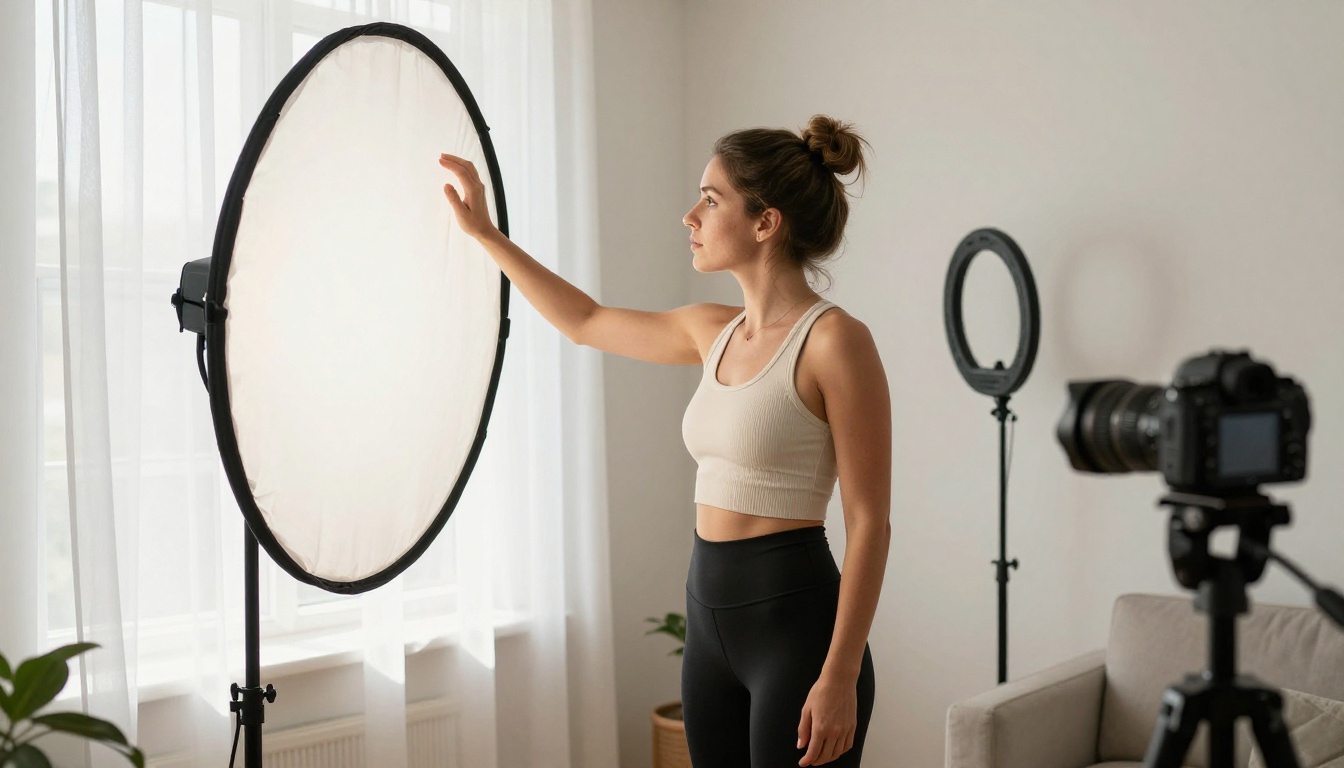 Behind-the-scenes home studio setup with circular reflector and natural window light Behind-the-scenes home studio setup with circular reflector and natural window light