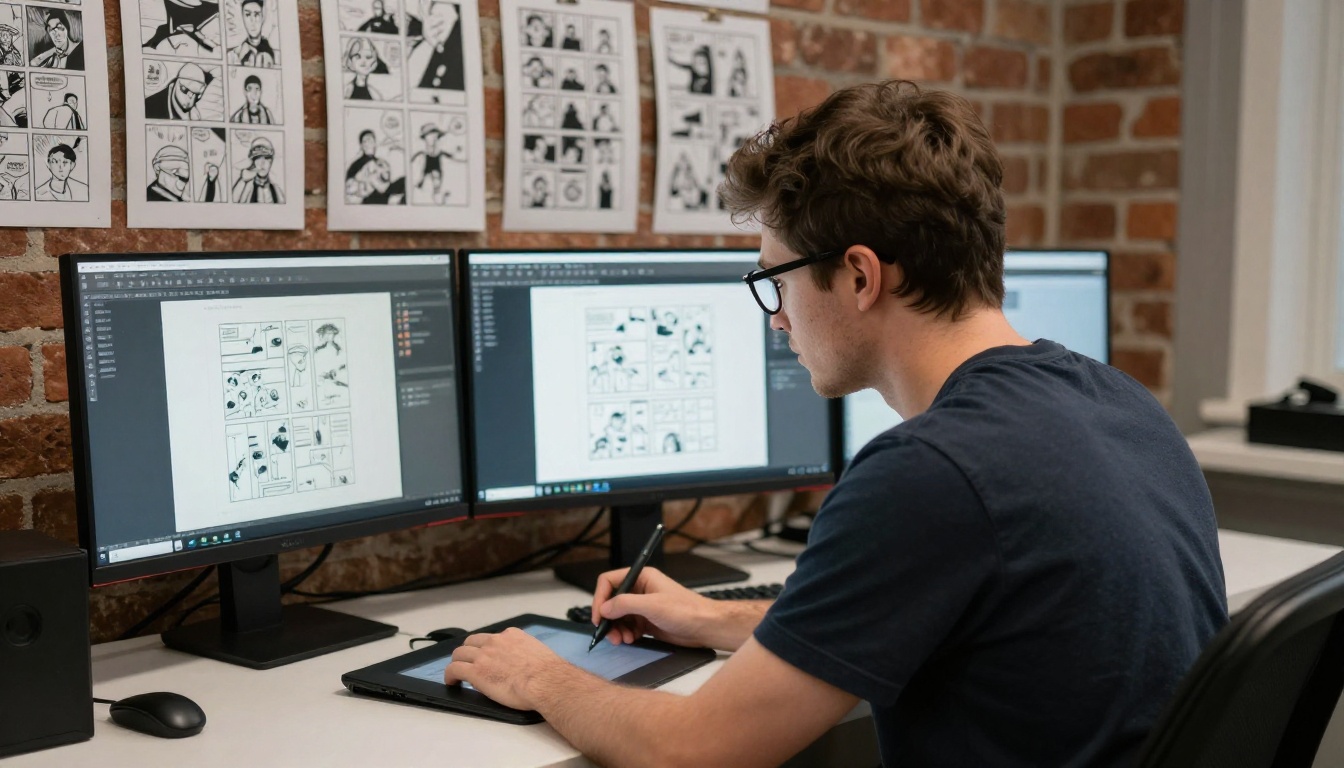 Designer at workstation with dual monitors showing storyboard panels
