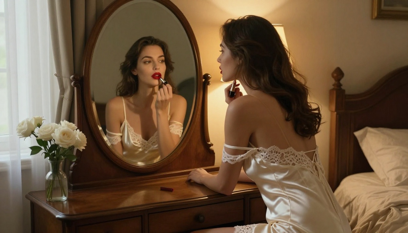 Elegant woman at vintage vanity applying lipstick in ivory satin slip dress, warm bedroom light Elegant woman at vintage vanity applying lipstick in ivory satin slip dress, warm bedroom light