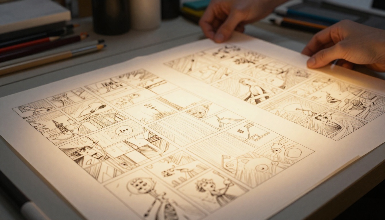 Comic strip pages laid out on a lightbox showing panel arrangements