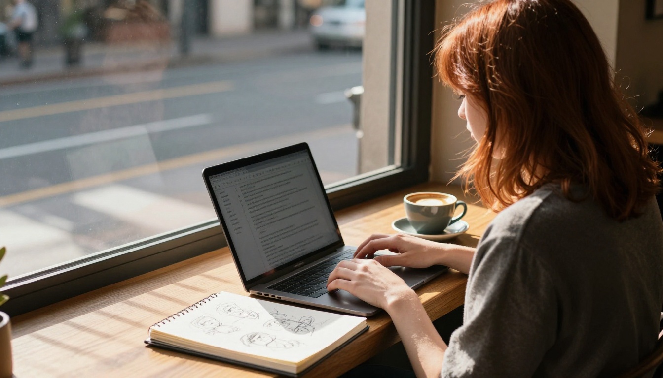 Woman writing comic script on laptop in a sunlit cafe