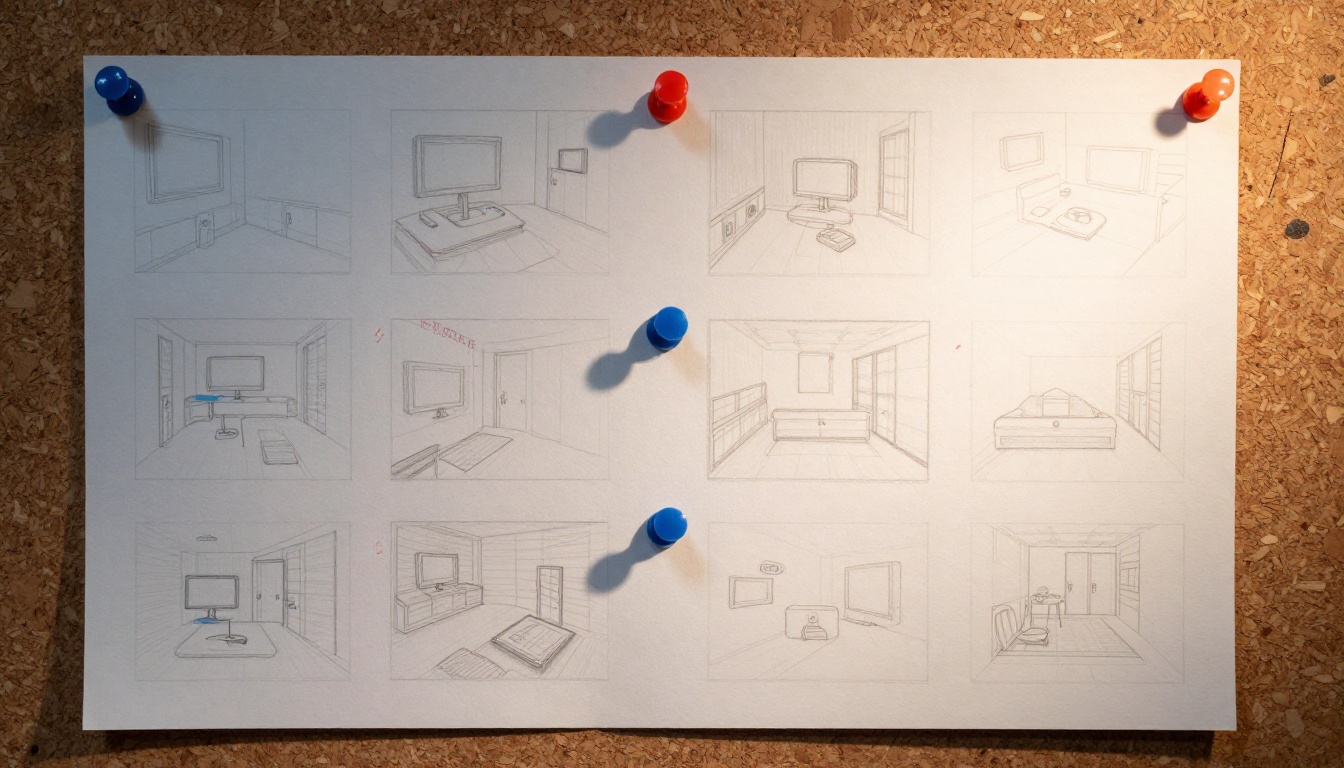 Storyboard planning sheet pinned to a cork board with panel thumbnails