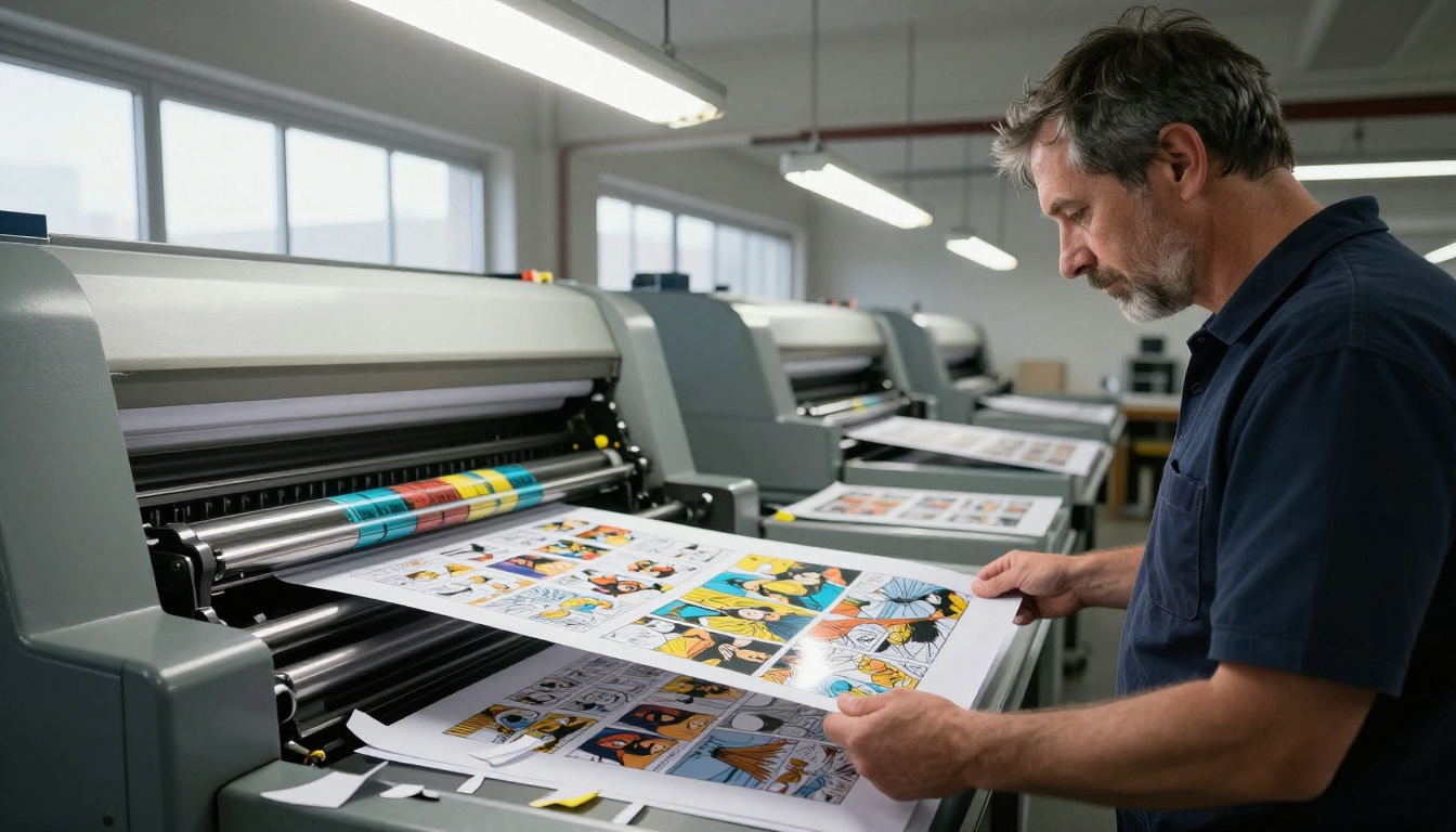 Printing workshop technician examining freshly printed comic pages