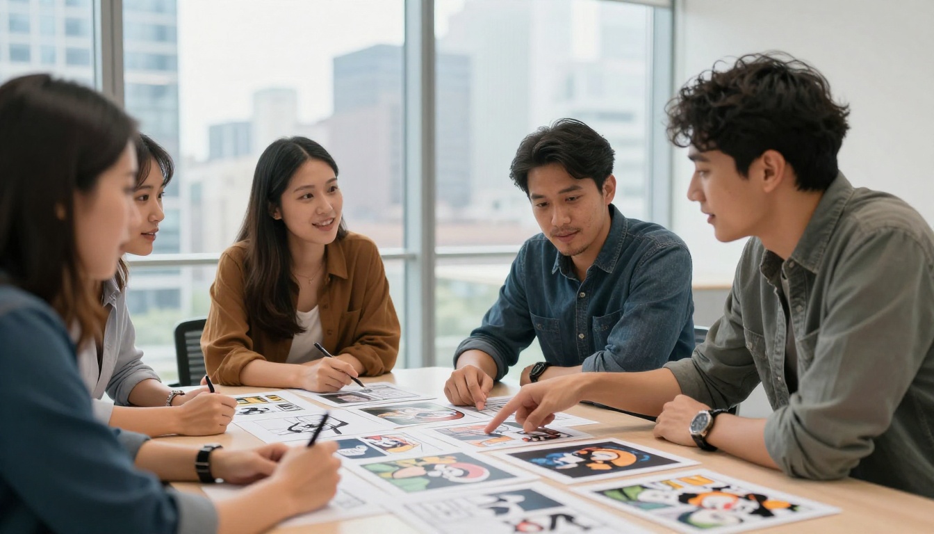 Diverse creative team reviewing AI-generated comic panels at a conference table