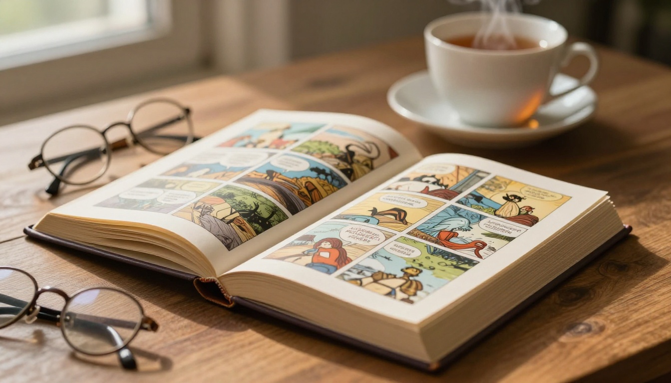 Finished comic strip book open on a reading table in warm afternoon light
