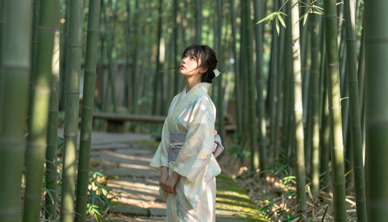 A young woman in a flowing pastel kimono standing in a sunlit bamboo forest
