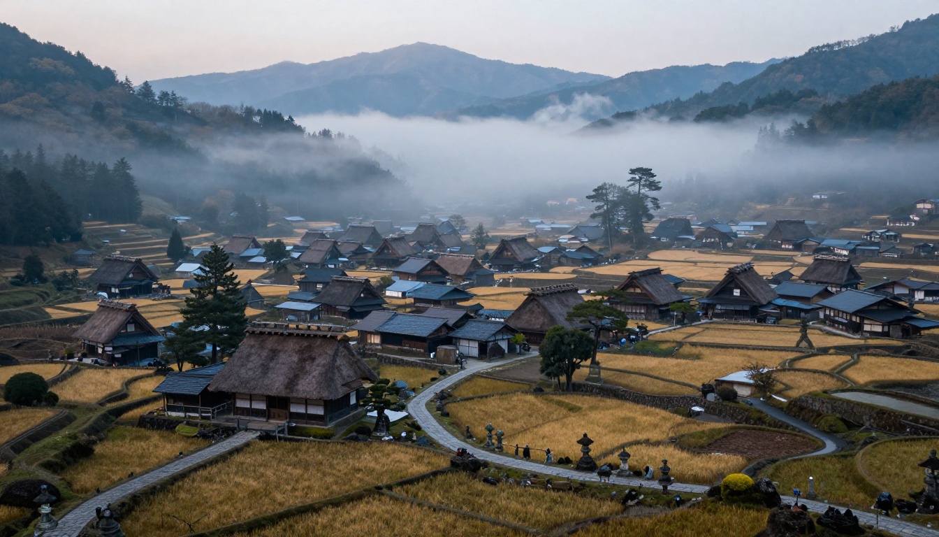 Wide aerial view of a traditional Japanese village nestled in a misty mountain valley at dawn