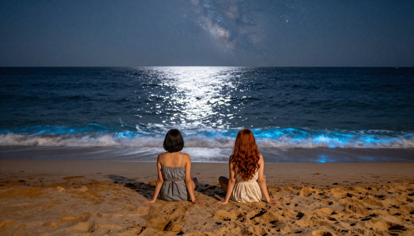 A serene moonlit beach scene with two young women sitting on warm sand facing the ocean