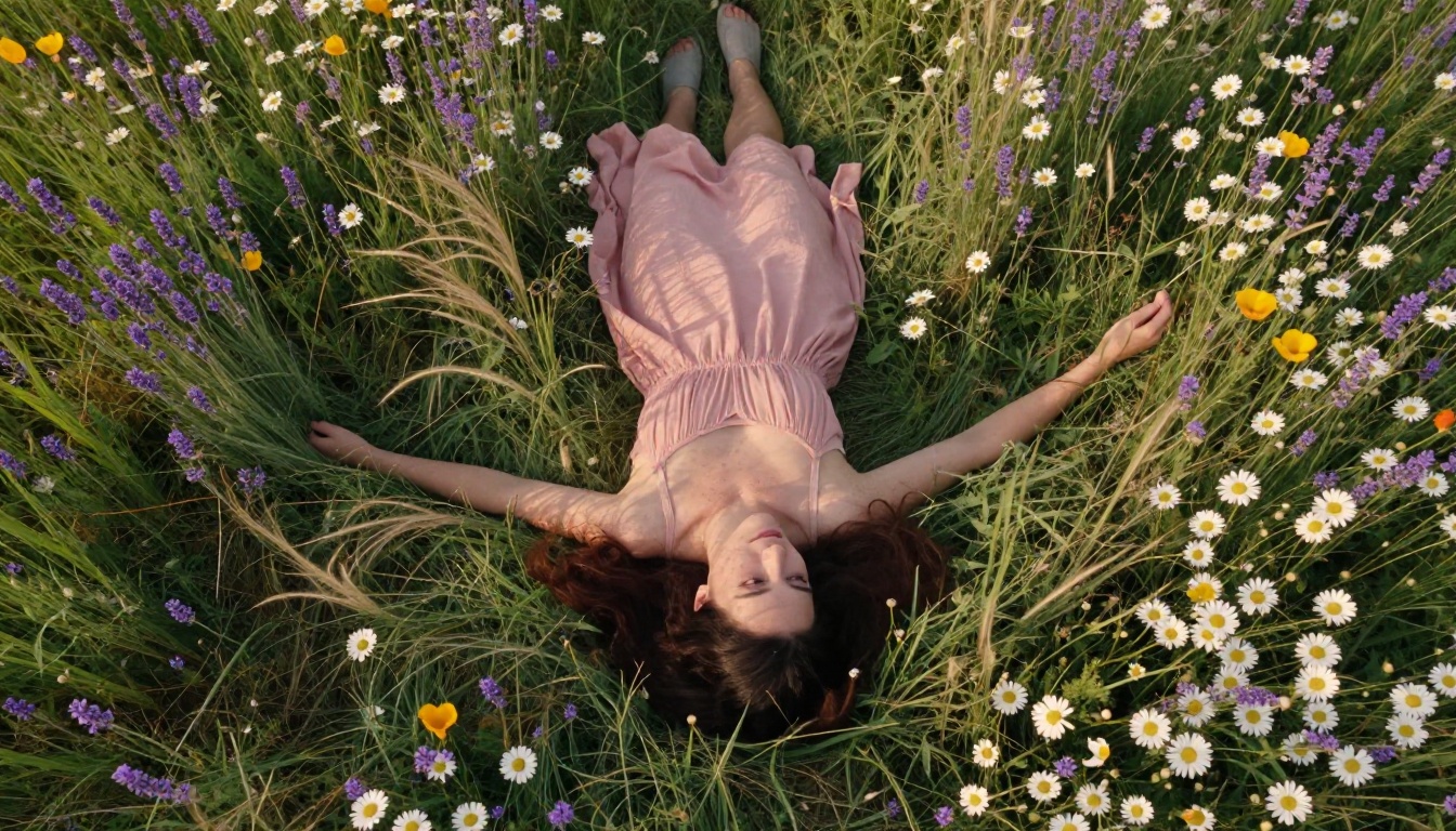 A young woman lying in a vast wildflower meadow viewed from directly above