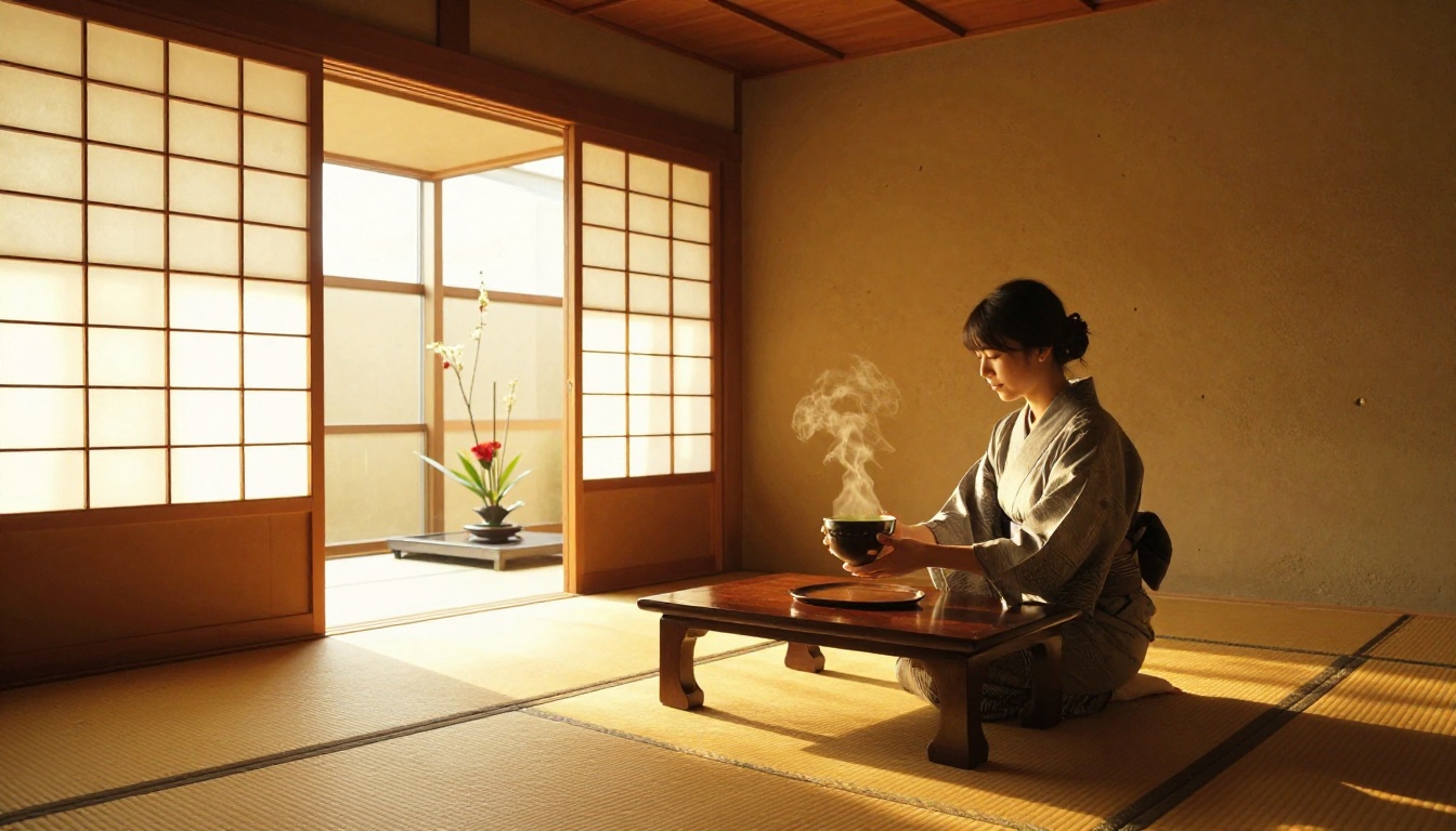 A young woman in a casual yukata kneeling beside a low table in a cozy Japanese tea house