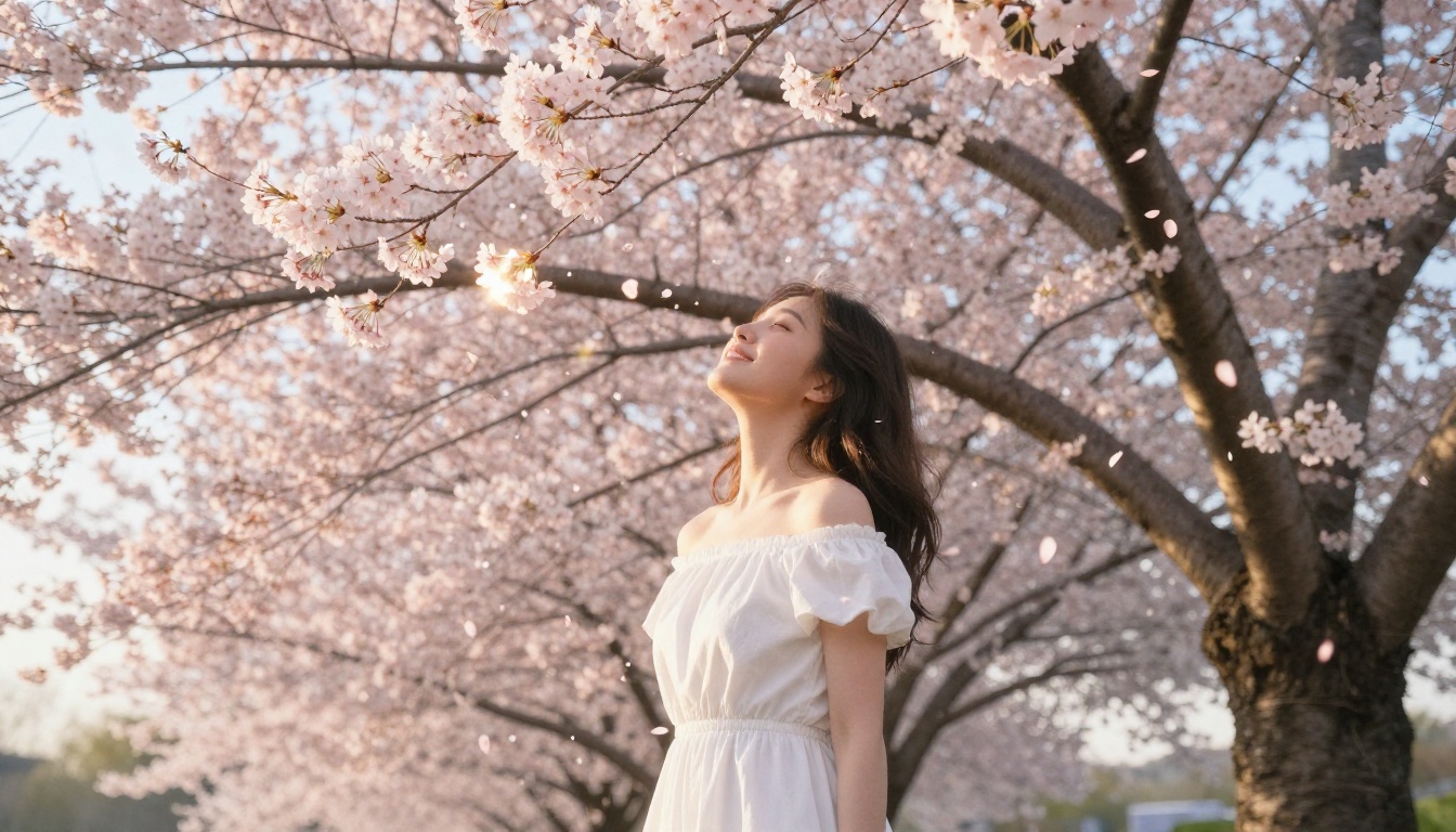A young woman under a blooming cherry blossom tree at golden hour