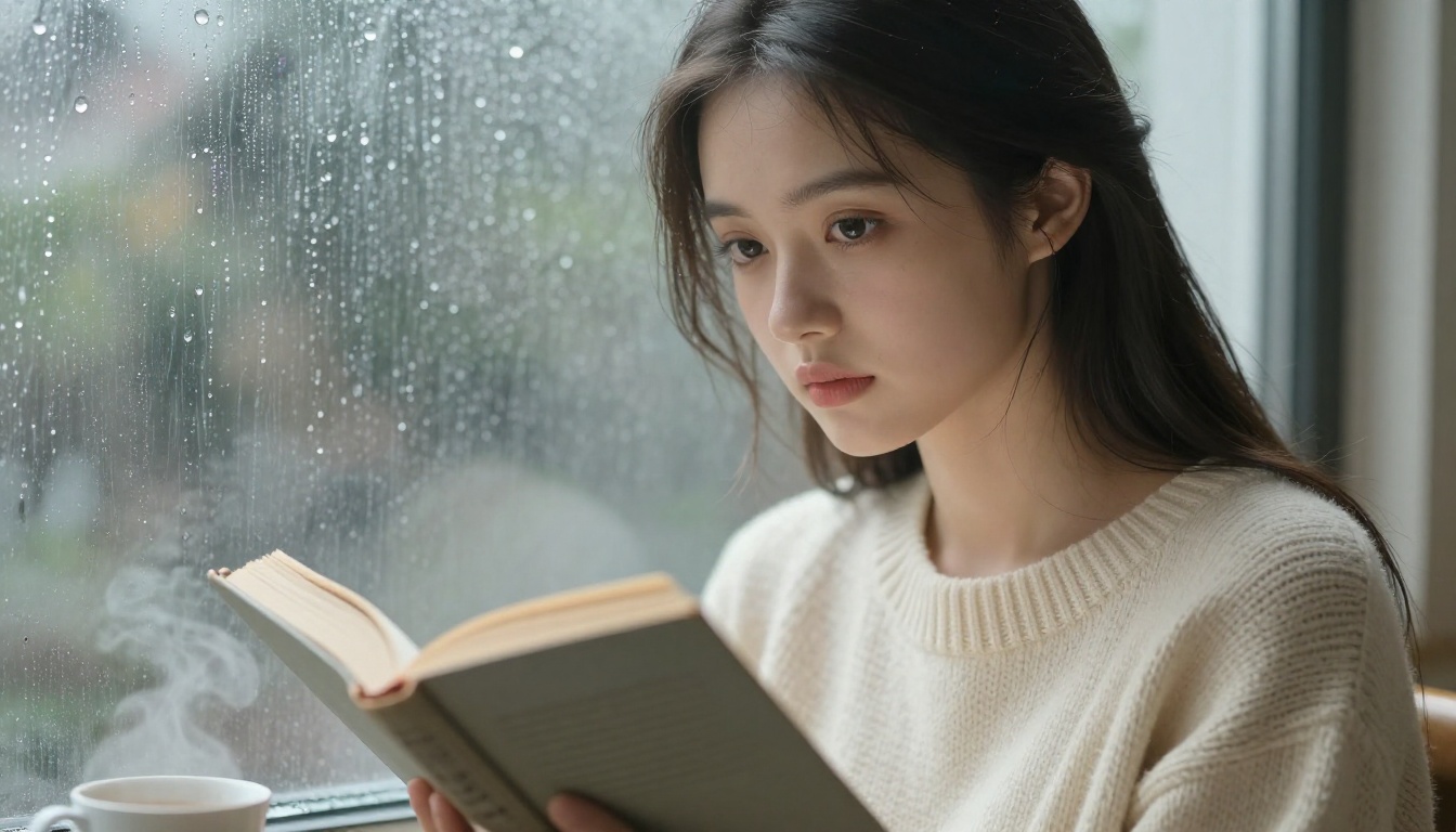 A young woman with delicate features sitting by a frosted window on a rainy autumn afternoon