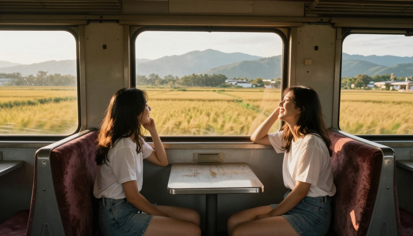 Two young women on a vintage train watching the Japanese countryside rushing past