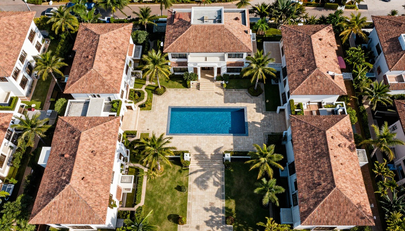 Aerial drone view of a luxury residential compound with geometric pool and tropical gardens