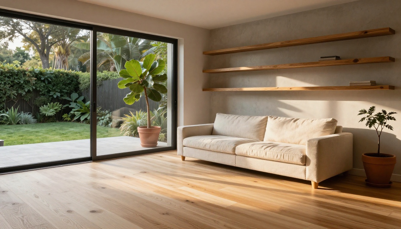 Modern open-plan living room with floor-to-ceiling glass doors and warm afternoon light