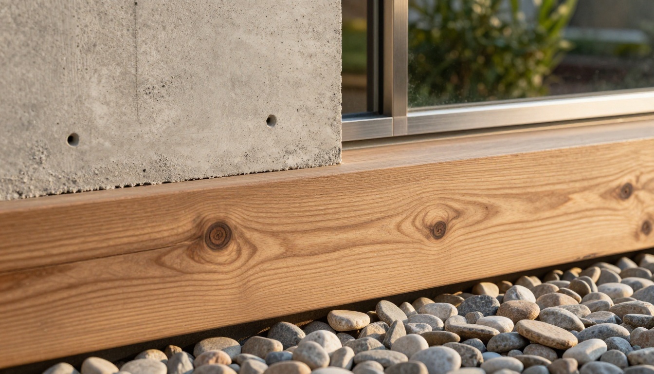 Close-up architectural facade detail showing concrete texture, steel frames, and teak cladding