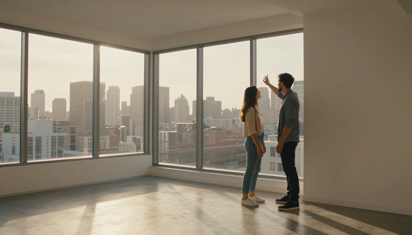 Professional real estate agent presenting a luxury apartment to clients with city views