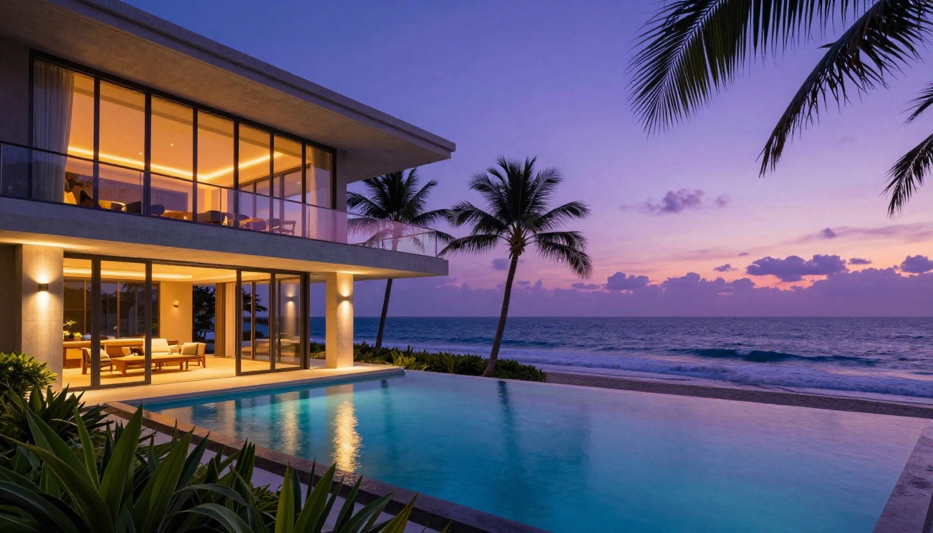Twilight exterior of a luxury beachfront villa with infinity pool merging into ocean horizon