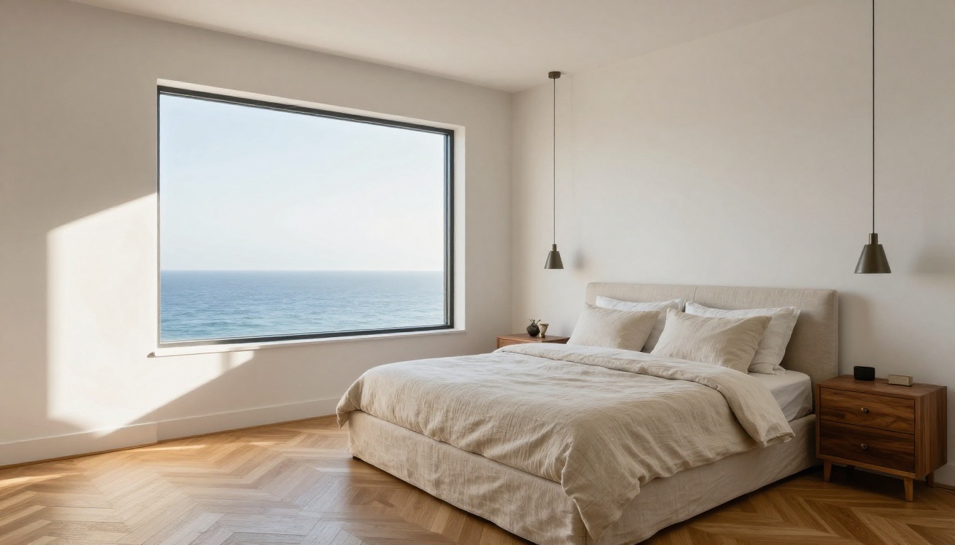 Elegant luxury master bedroom with direct ocean view and morning light on plaster walls