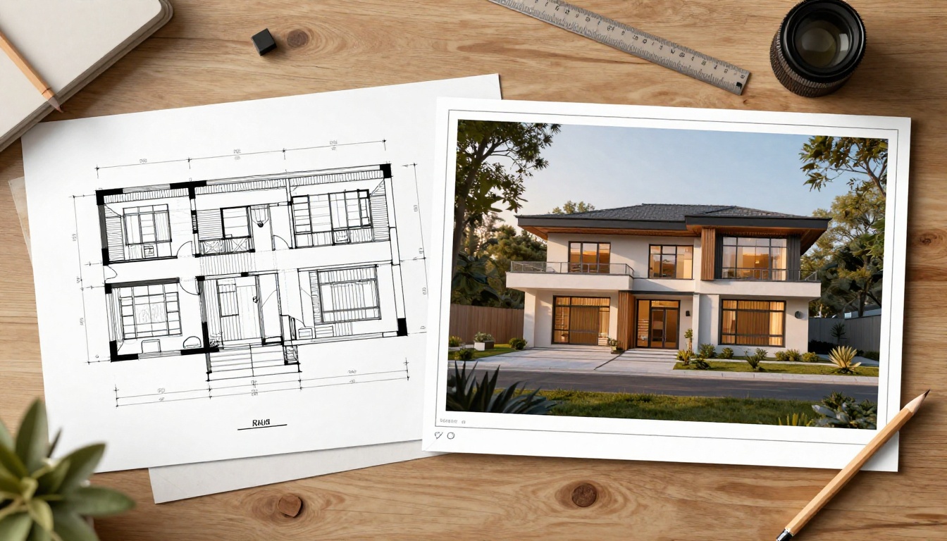 Side-by-side comparison of hand-drawn architectural blueprints versus AI-generated render of same property