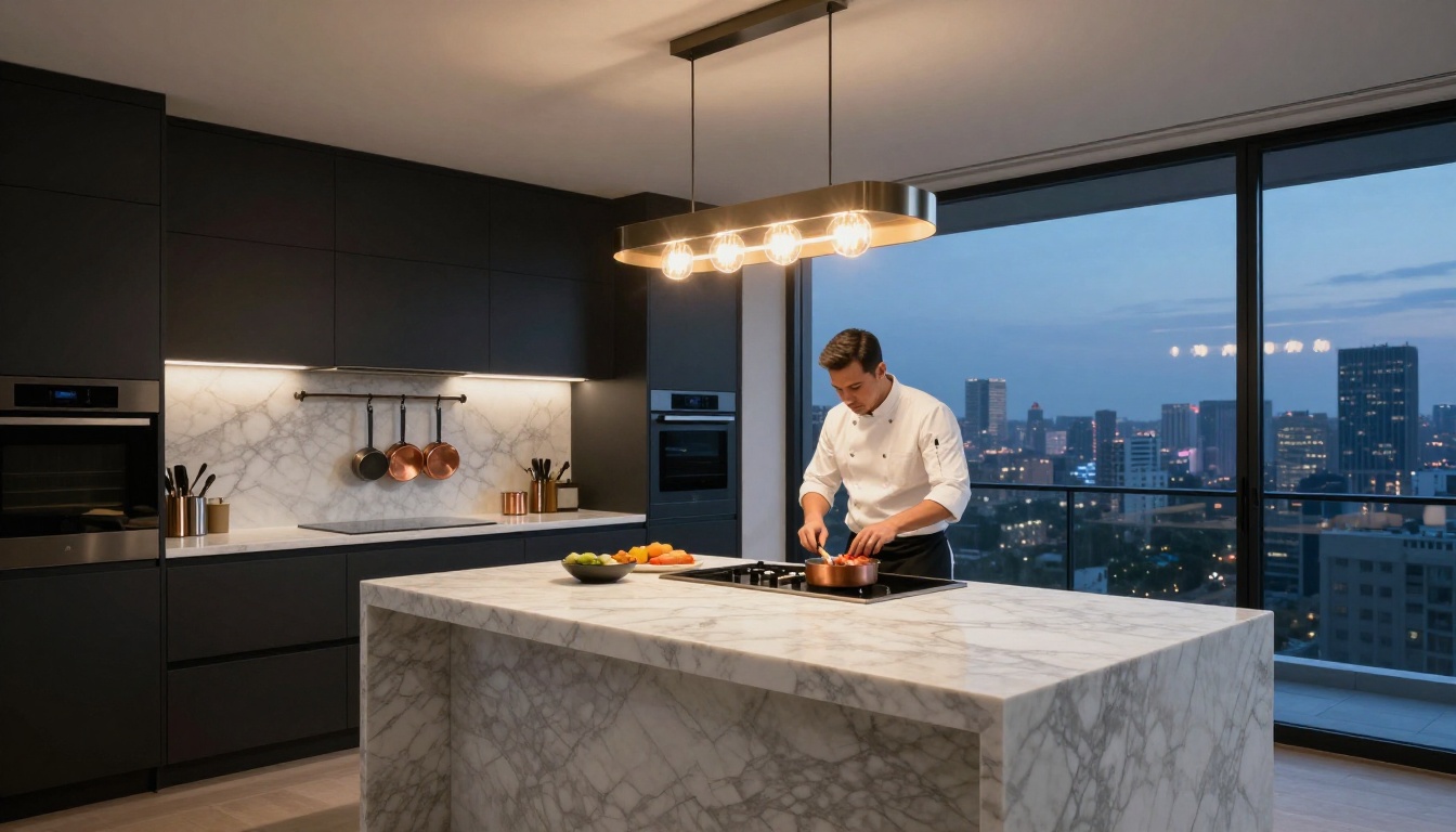 Luxury modern kitchen with marble island, copper pots, and blue-hour city skyline view