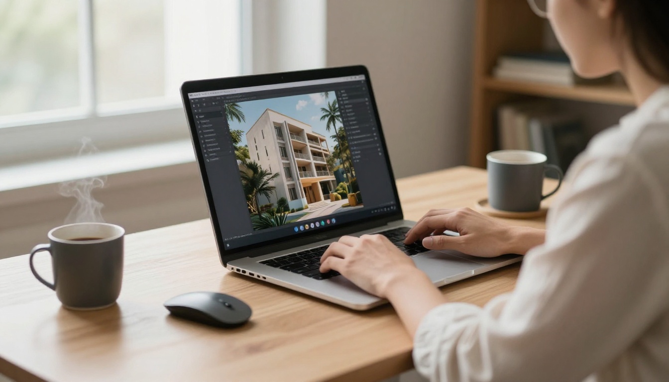 Person generating AI real estate renders on laptop at a minimal home desk with morning light