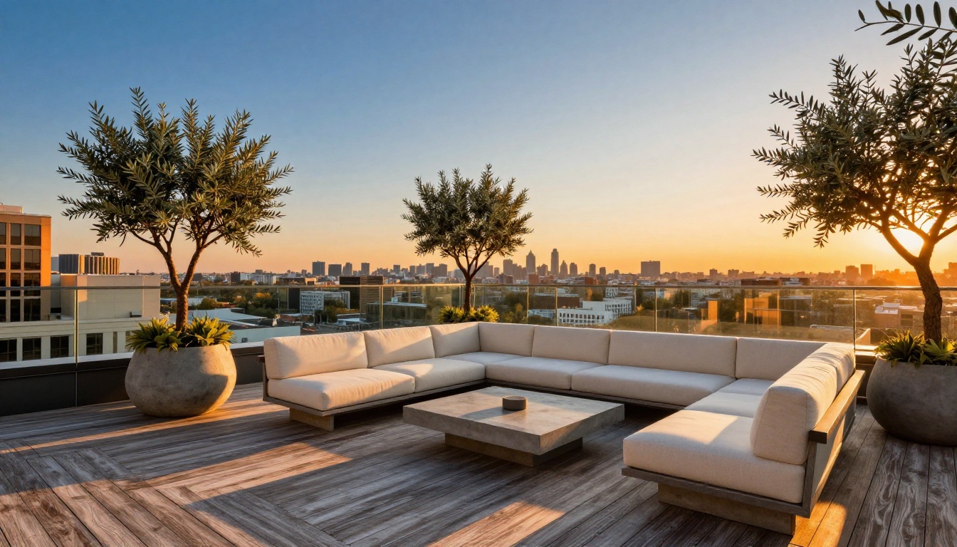 Luxury rooftop terrace penthouse with panoramic golden-hour city skyline and teak deck