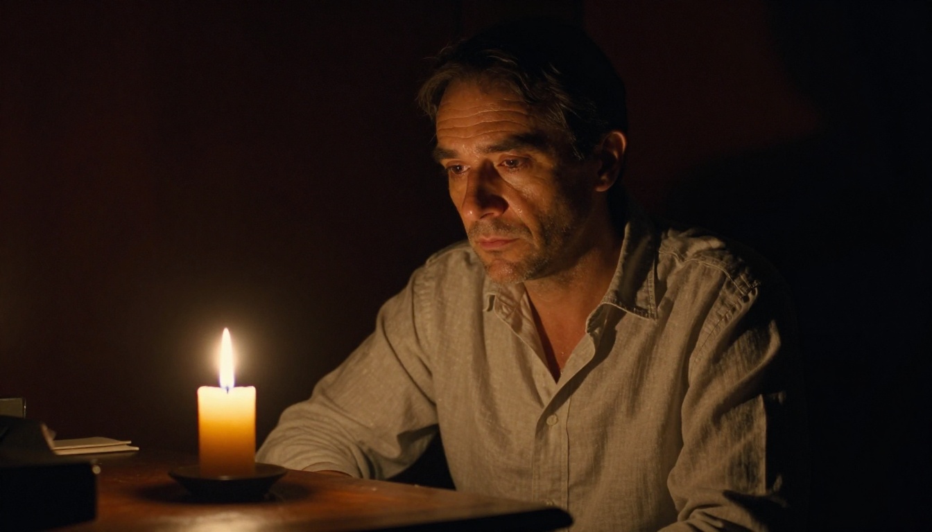 Chiaroscuro lighting: a face split between candlelight and deep shadow, demonstrating classical dramatic portraiture