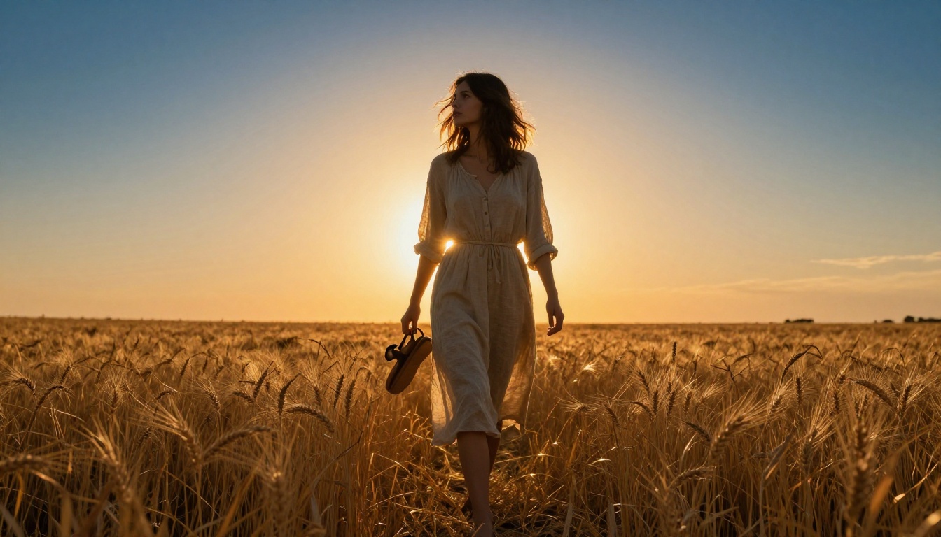 Golden hour backlit subject in wheat field, full rim light halo, amber saturation, burnt orange horizon