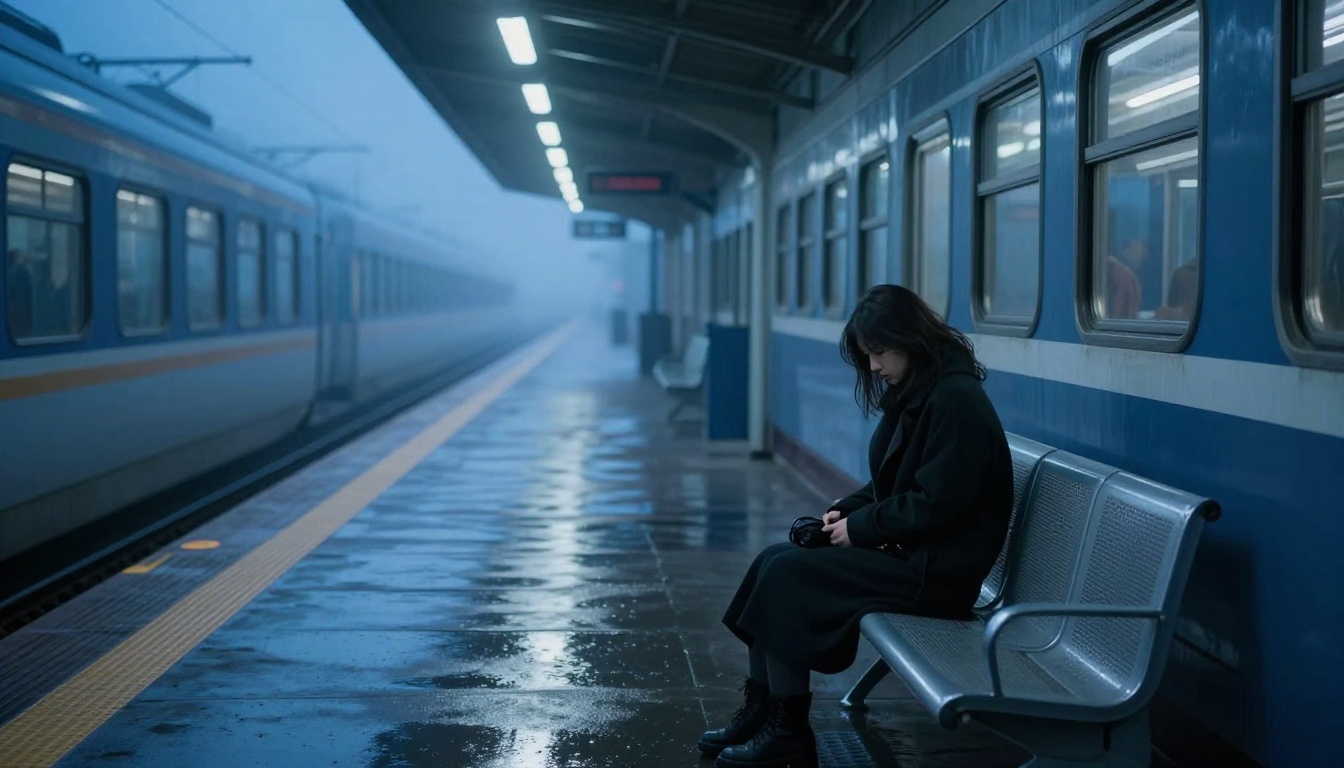 Empty train station platform at blue hour, solitary figure on bench, tracks receding into mist, cold fluorescent overhead light