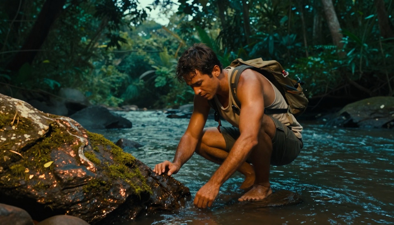 Explorer at jungle river edge, teal-green vegetation behind, warm amber skin tones and sunlit rocks in foreground, classic Hollywood color grade