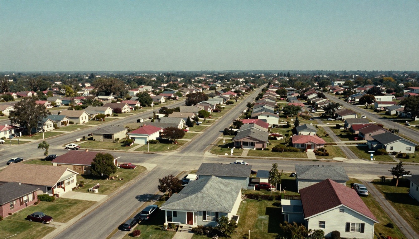 1970s aerial neighborhood shot with faded Ektachrome palette