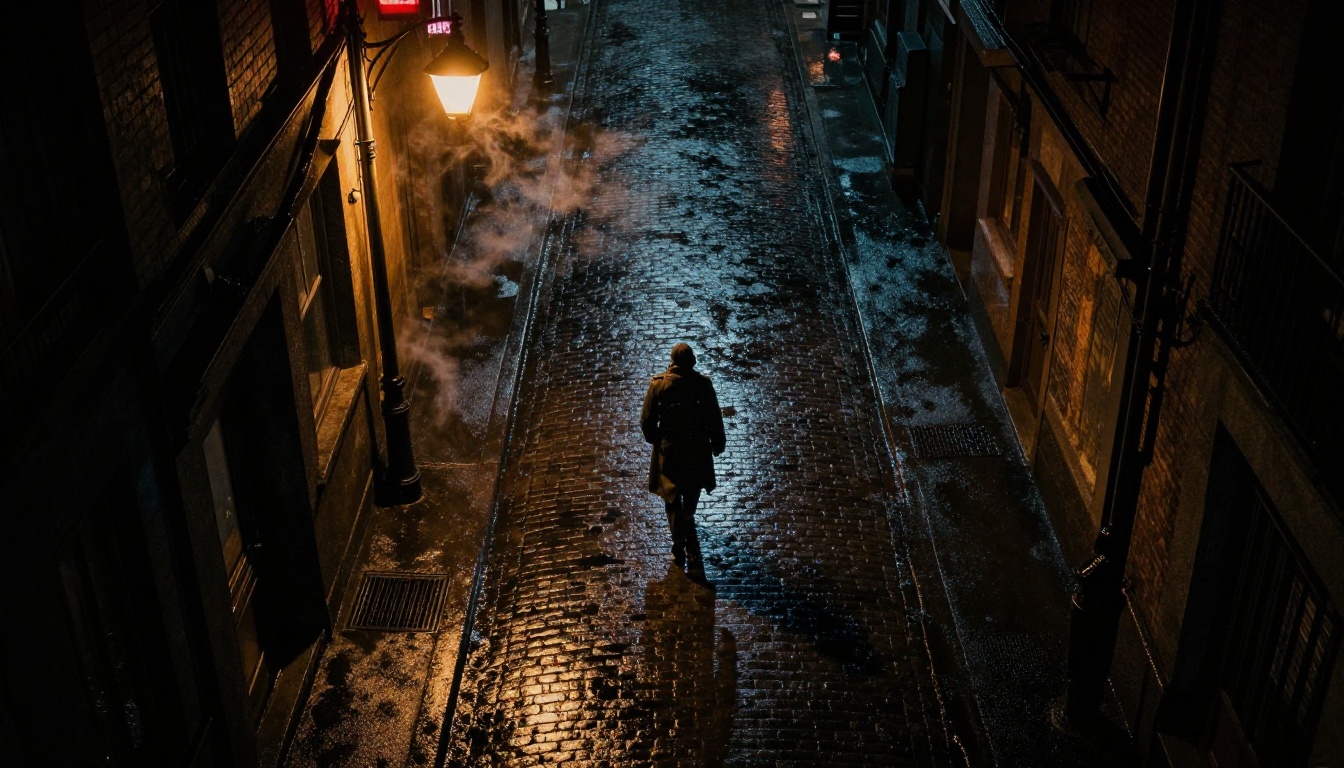 Rain-slicked midnight alley from directly overhead, solitary figure in lamplight, cobblestones as mirror, noir bird's-eye perspective