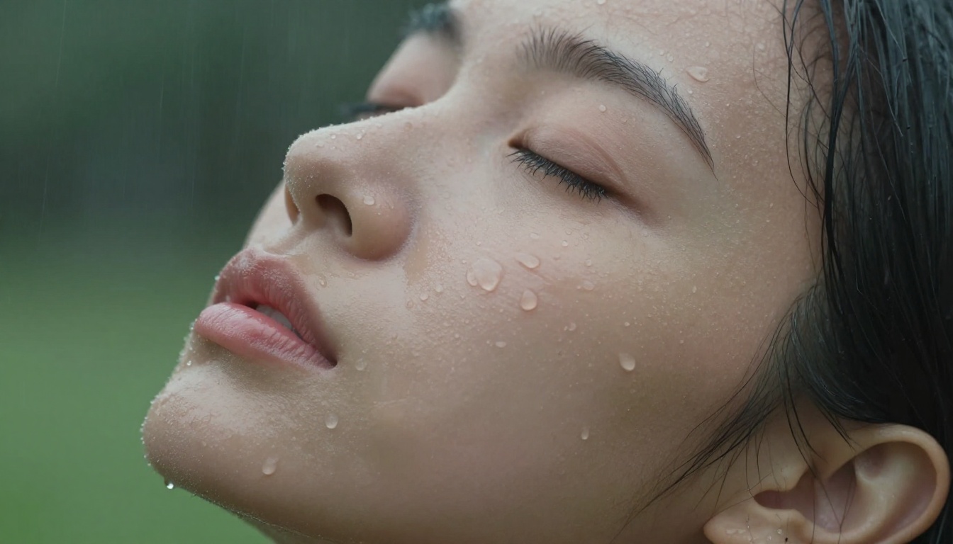 Close-up of a young woman's face, eyes closed, rain droplets on cheekbones and eyelashes, overcast diffused natural light, 200mm macro portrait, peaceful surrender