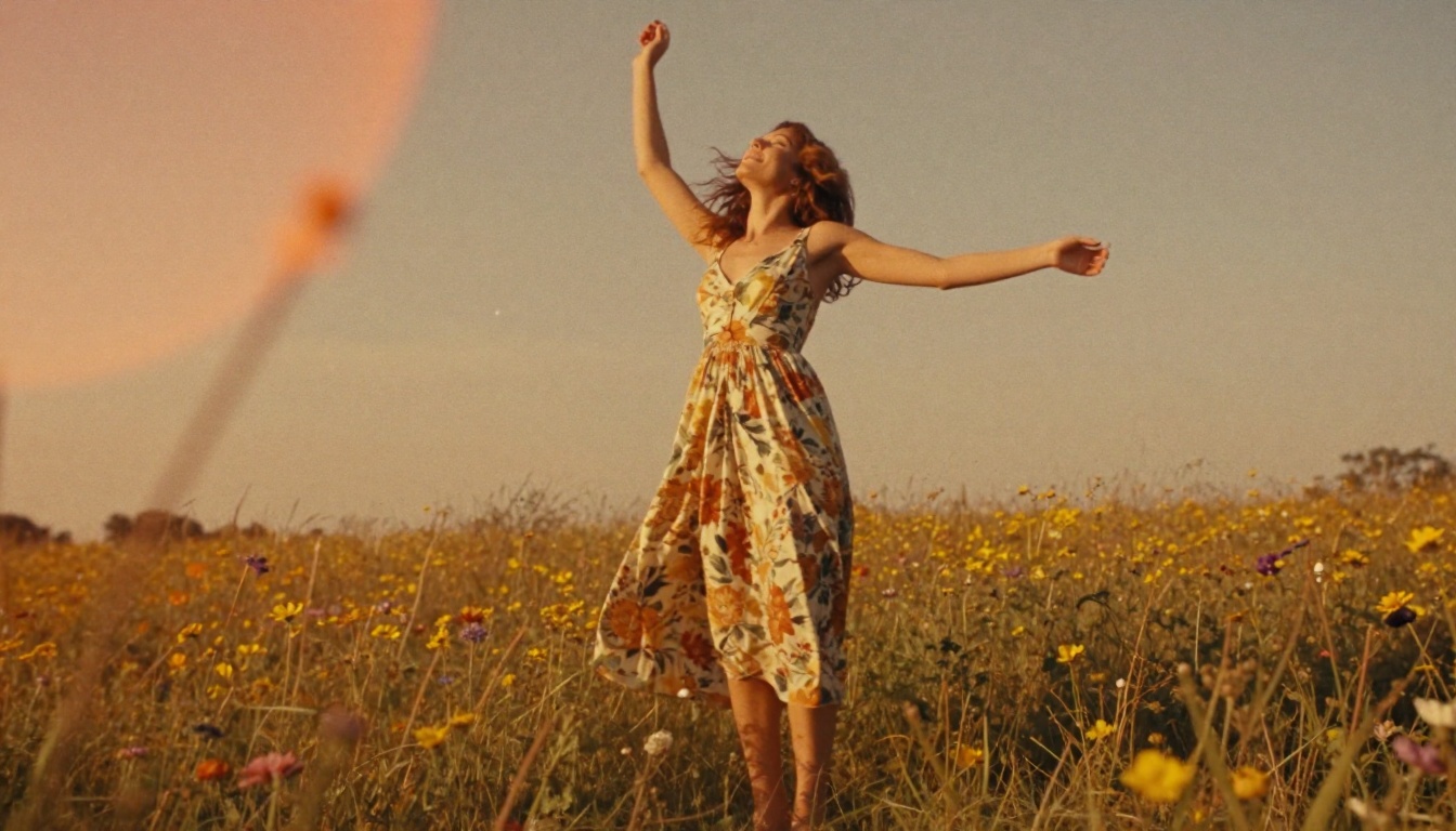 Woman in 1970s sundress in meadow with Super 8 light leaks