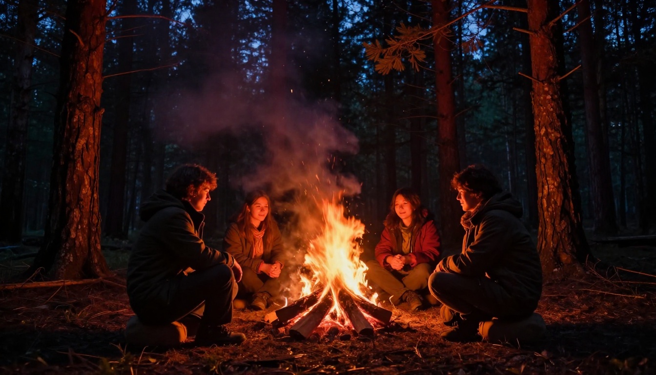 Campfire at night in a dense pine forest, three figures lit from below by fire, deep shadows between trunks, stars faintly visible through canopy