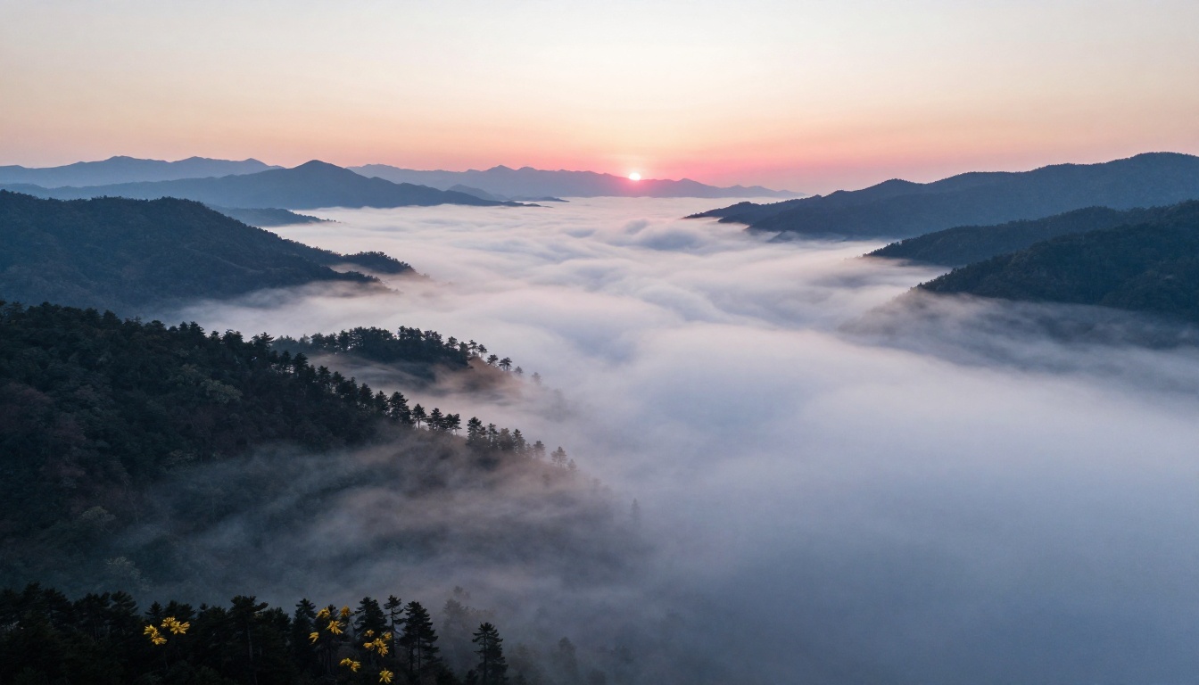 Aerial dawn view of a mountain valley filled with morning fog, pine treetops piercing through as dark islands, pink and orange sunrise light across the fog surface