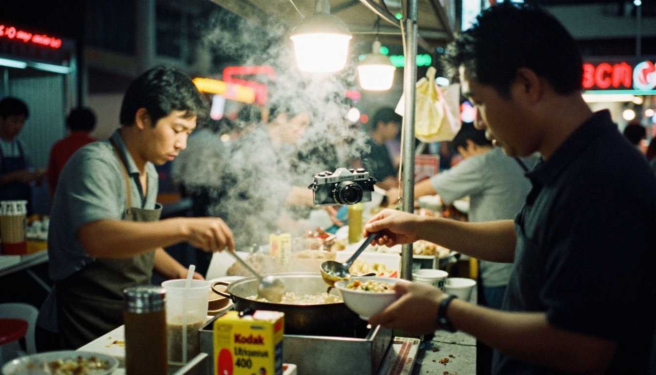 Asian night market in 1980s with motion blur and tungsten film grain Asian night market in 1980s with motion blur and tungsten film grain