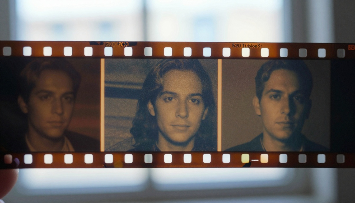 Vintage 35mm film strip held to window light, celluloid grain and sprocket holes visible, warm amber and cool blue color shifts at frame edges