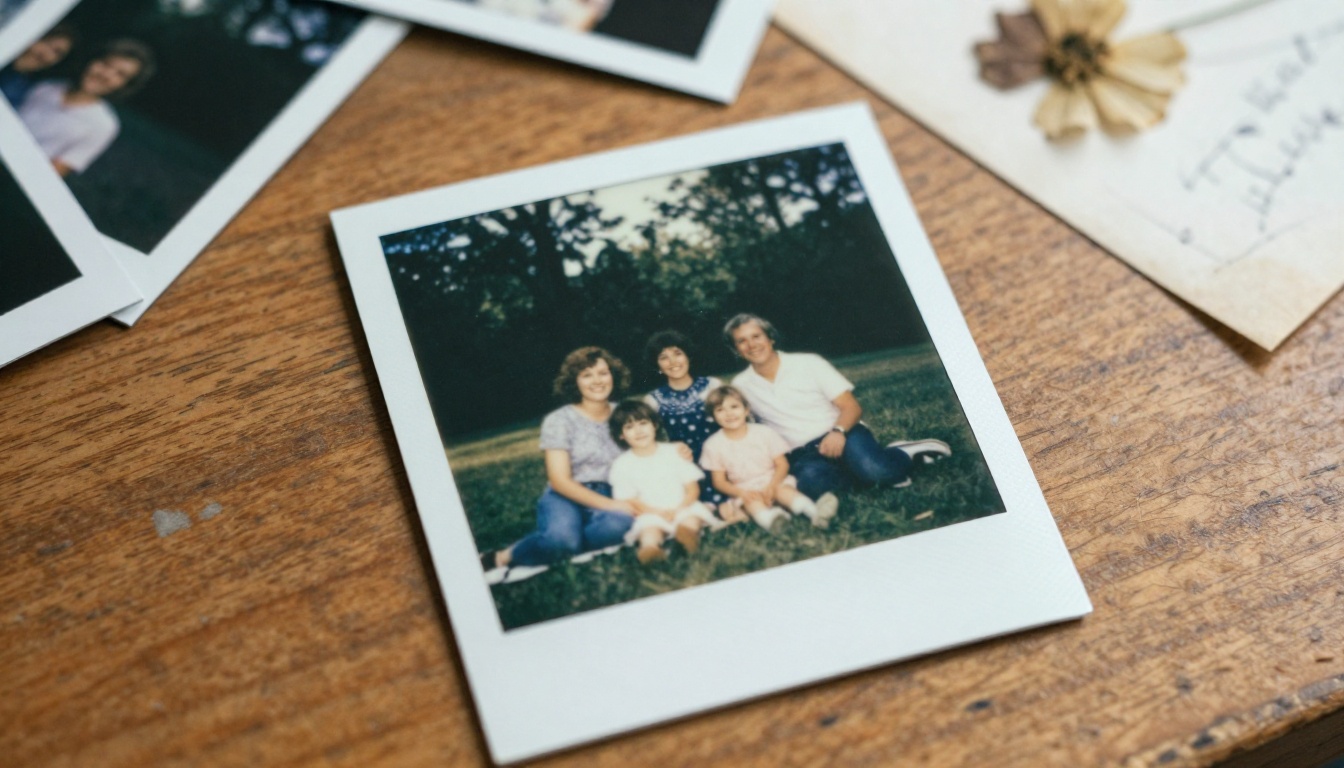 Polaroid photograph on wooden surface showing faded colors