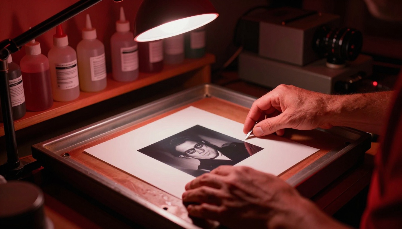 Old darkroom scene with red safelight and developer trays Old darkroom scene with red safelight and developer trays