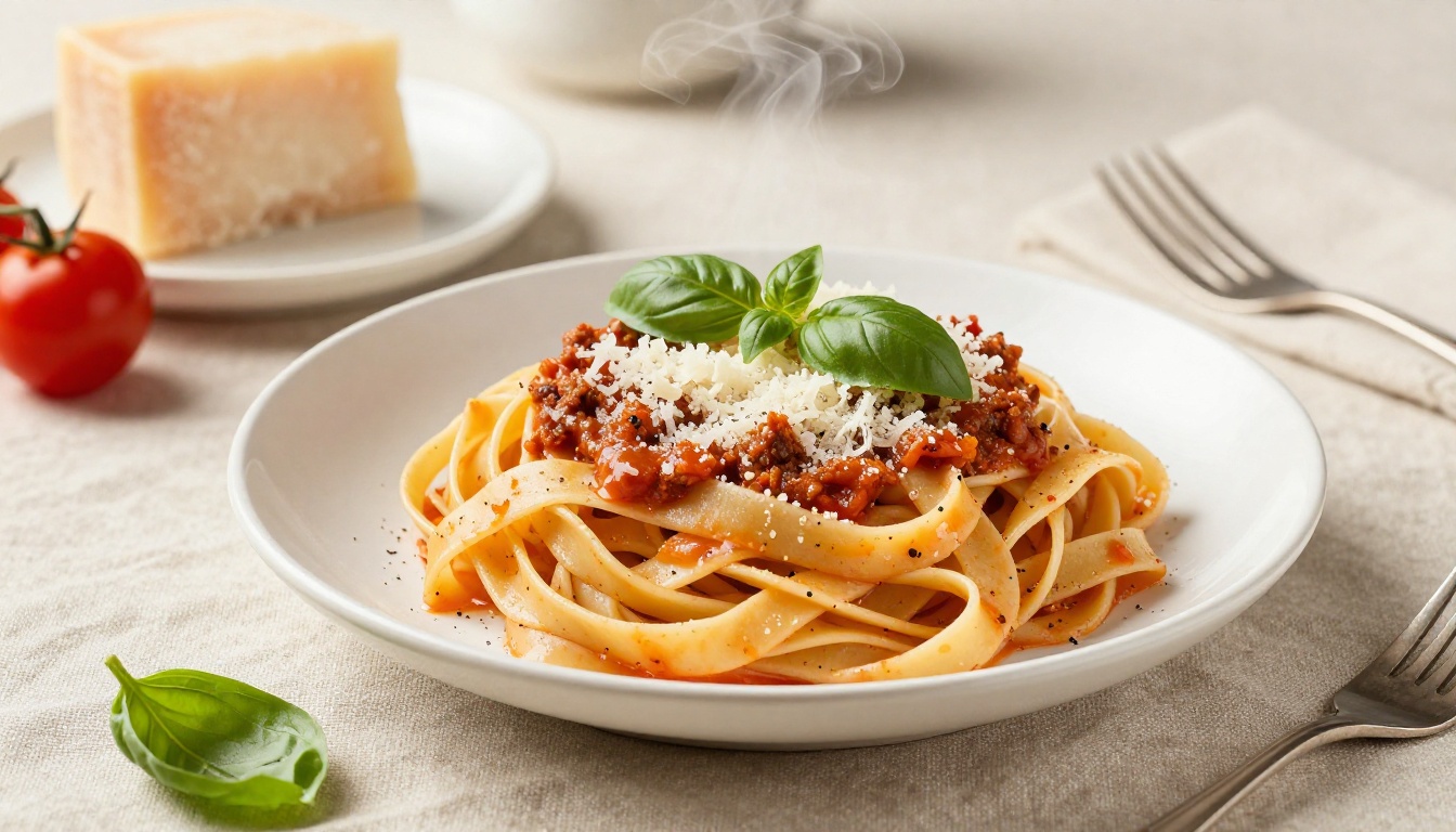 Steaming tagliatelle pasta, overhead view on white ceramic plate