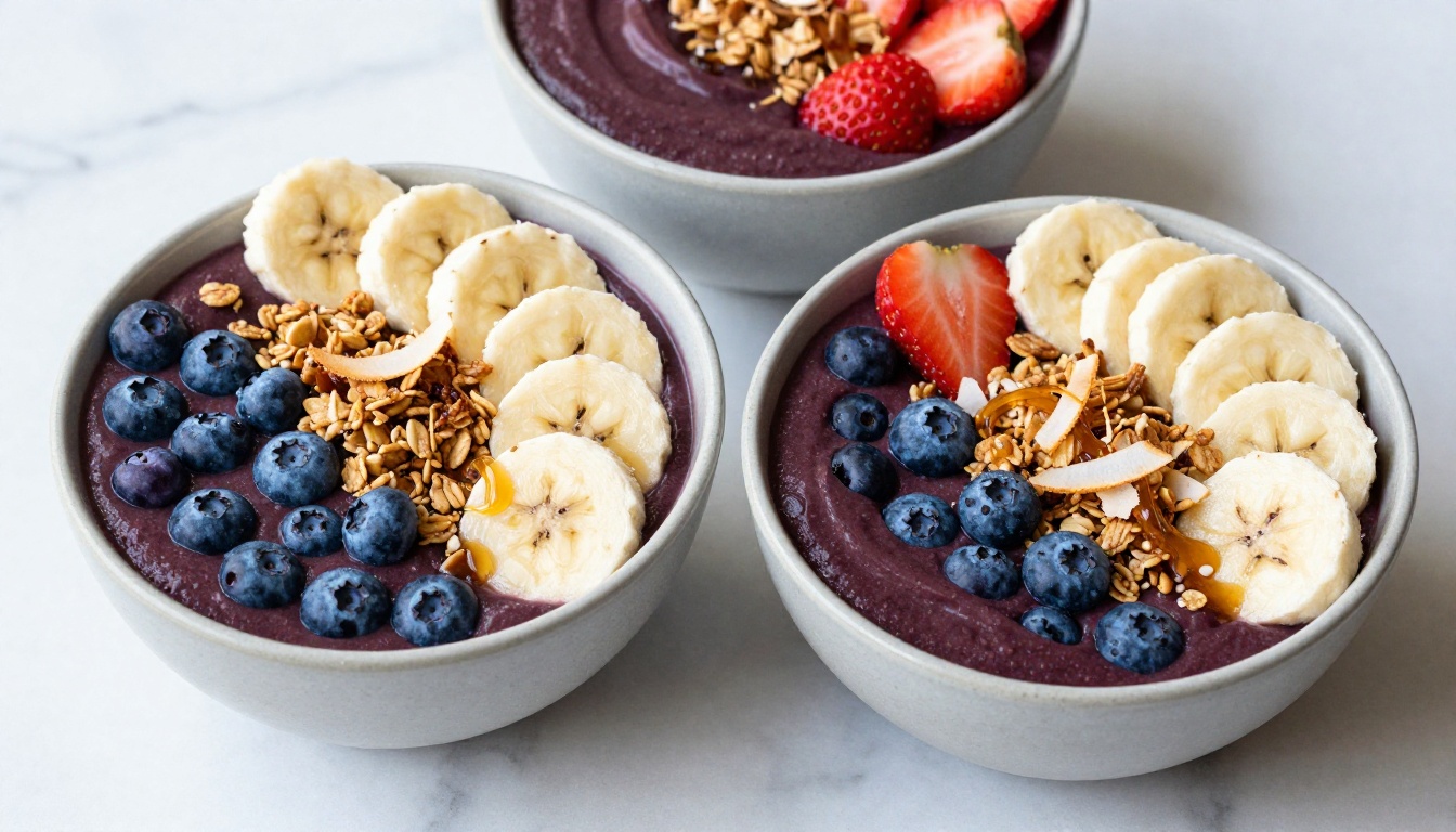 Colorful smoothie bowls on white marble, flat-lay composition