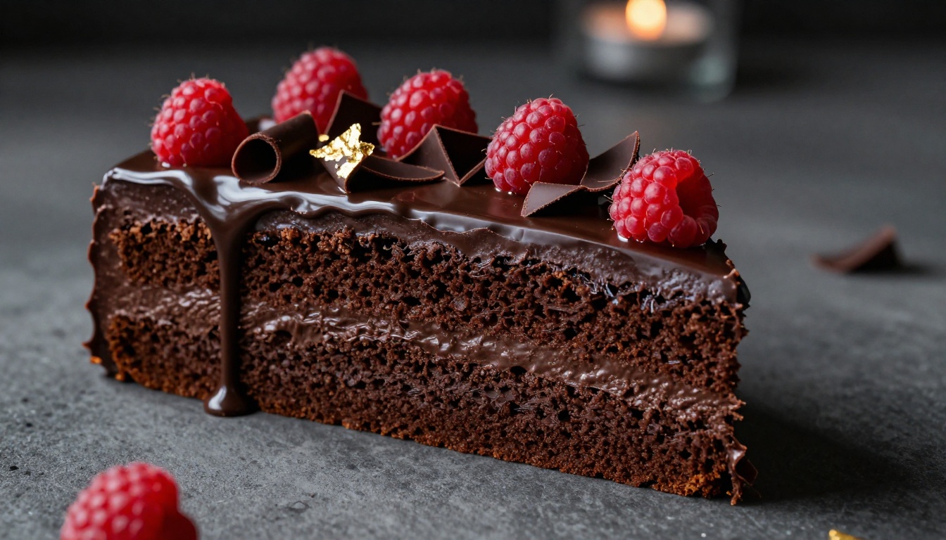 Dark chocolate layer cake slice being lifted, moody rembrandt lighting