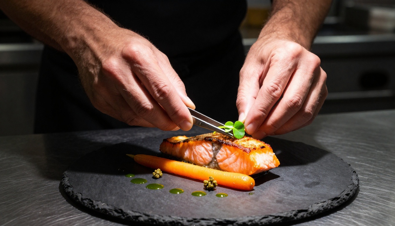 Chef's hands using tweezers to plate fine dining salmon dish