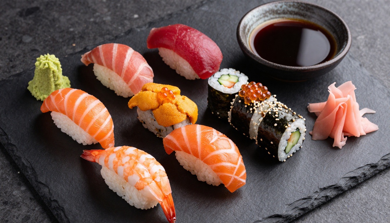 Premium sushi platter on black slate, overhead aerial view